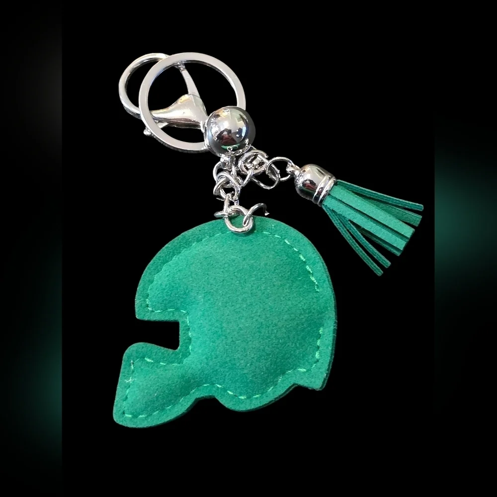 Green Rhinestone Football Helmet Bag Charm Keychain